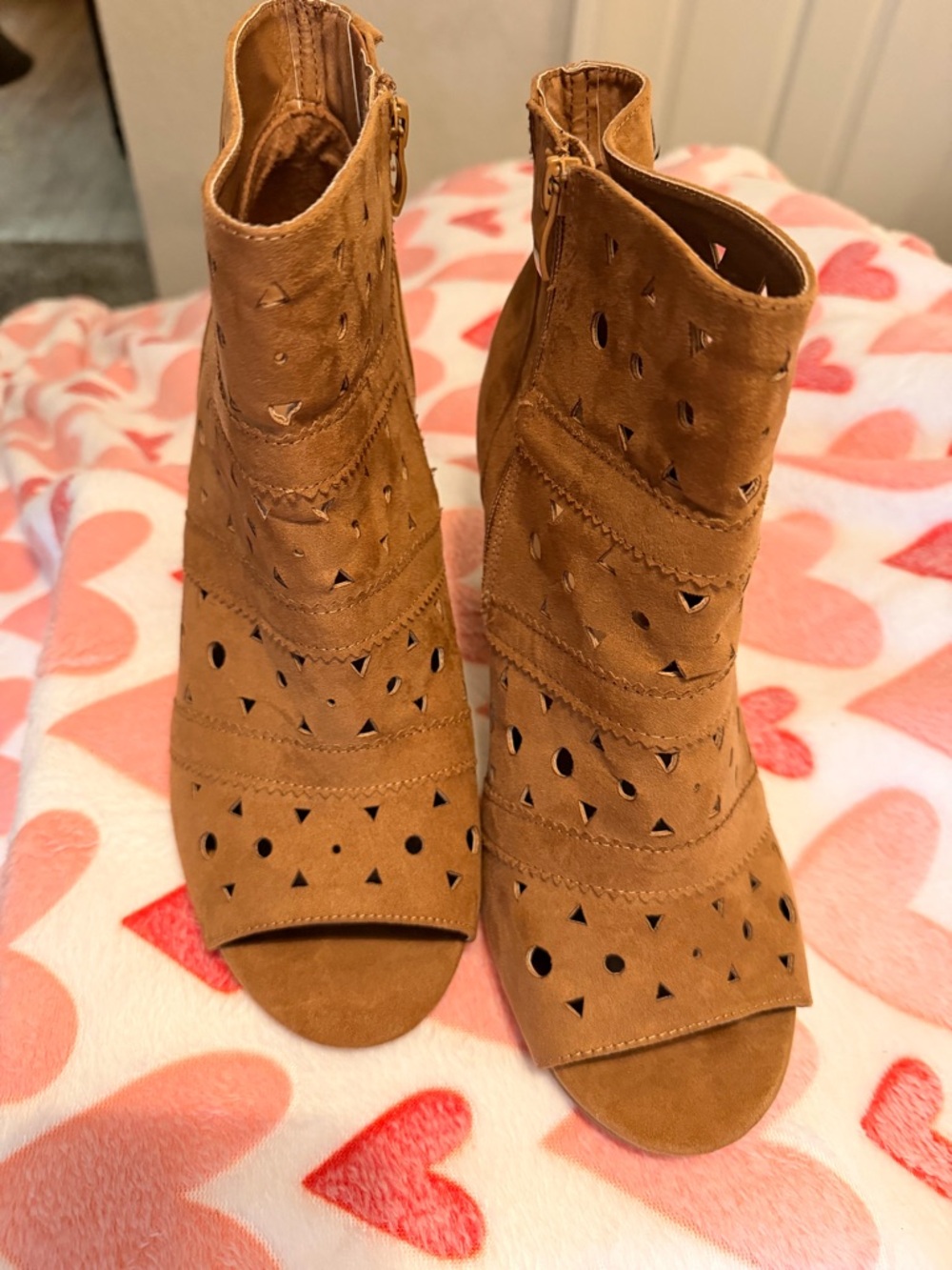Torrid Tan Suede Laser-Cut Open-Toe Ankle Booties 4.5 inch heel